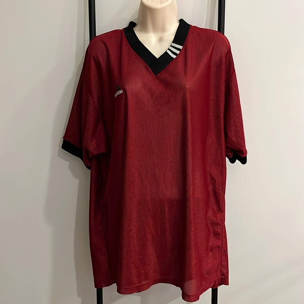 Vintage 90s Adidas Mesh Red V-neck Short Sleeve Tee Jersey Men Size L